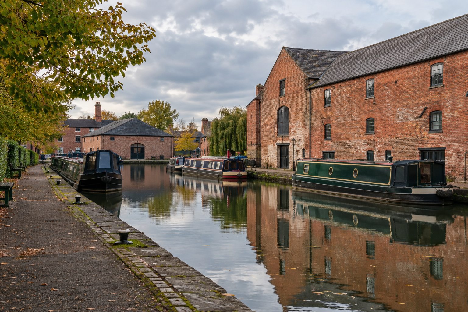 Stourport redevelopment Stourport redevelopment: narrowboats beside red-brick warehouses and a towpath beneath an overcast autumn sky