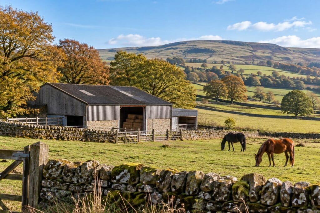 Class Q appeal illustrated by a Derbyshire agricultural barn with grazing horses, stone walls and autumn fields